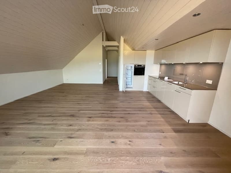 Empty kitchen with light-colored cabinets, wooden flooring, and a modern design. No furniture or appliances are present.