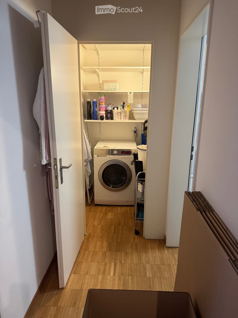 Hallway leading to a laundry area with a washing machine, shelves, and cleaning supplies.
