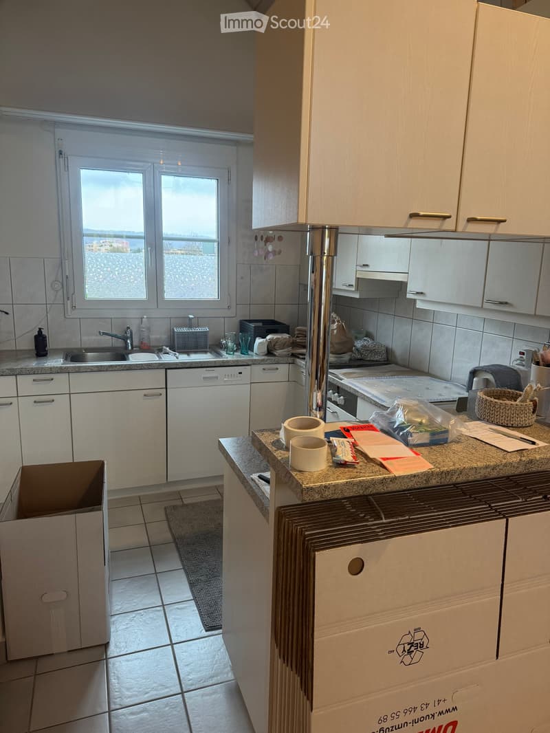 Modern kitchen with white cabinets, granite countertop, sink, dishwasher, and various items on the counter including cups, a basket, and papers.