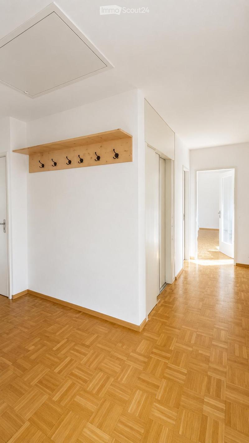 Empty hallway with white walls, wooden herringbone flooring, coat rack with hooks, and a doorway leading to another room.