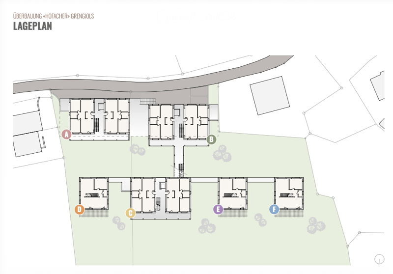 Floor plan of a multi-unit building showing six apartments labeled A through F, with shared hallways and staircases.