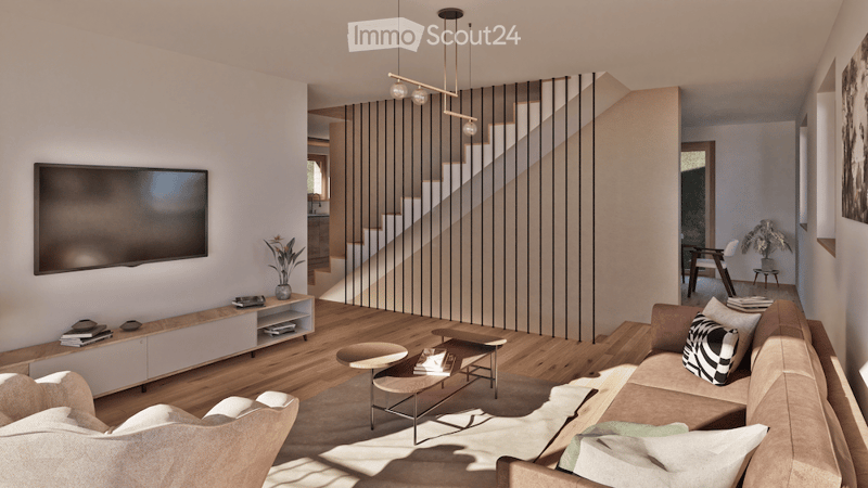 Modern living room with a large sofa, coffee table, side table, TV stand, floor lamp, and a small dining area visible in the background.