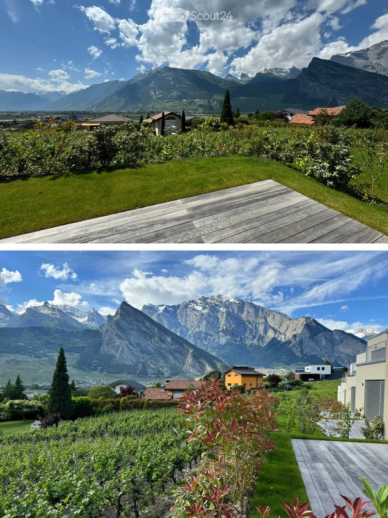 Two outdoor views showing a well-maintained garden with a wooden deck, lush green grass, and surrounding mountains in the background.
