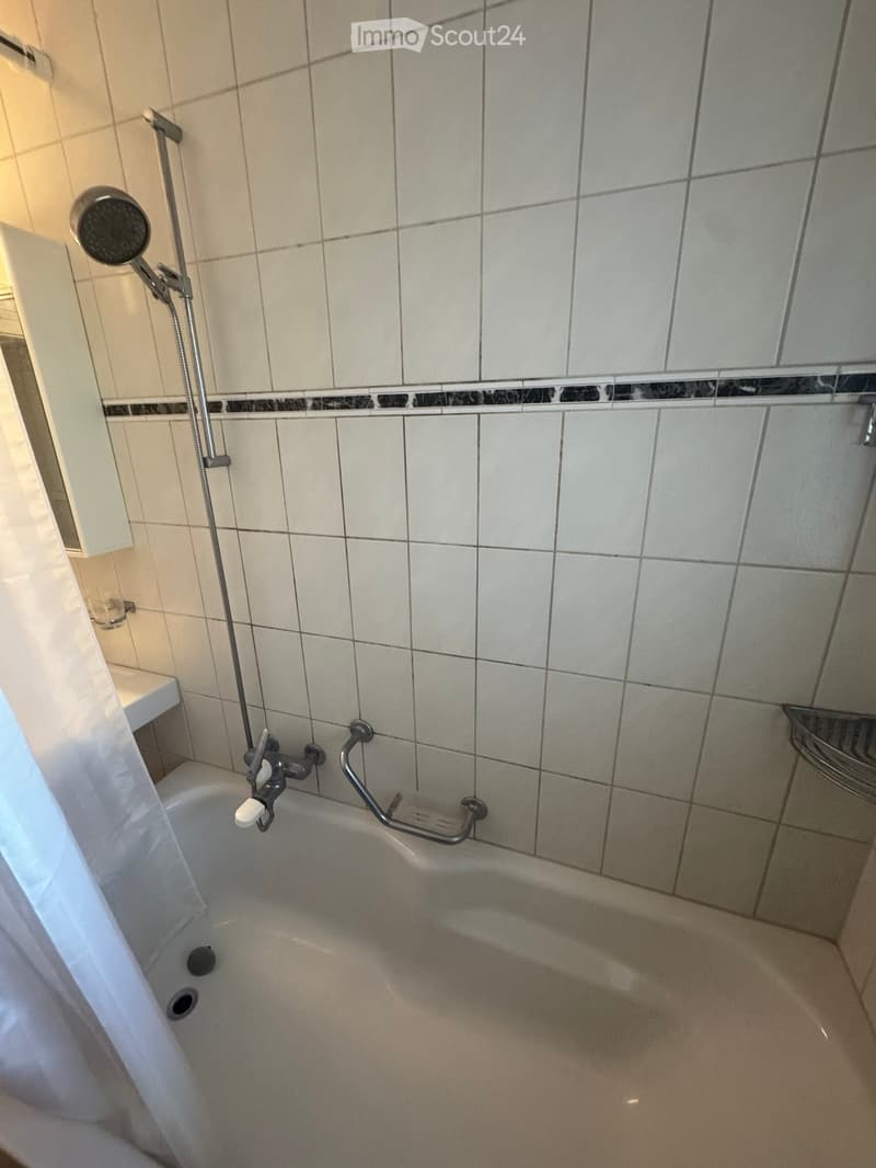 Bathtub with a handheld showerhead and a handrail, white tiled walls, and a small cabinet with a mirror above it.