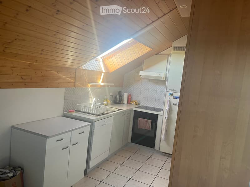 Compact kitchen with white cabinets, tiled floor, and wooden ceiling. Features include a refrigerator, oven, dishwasher, sink, and various small appliances.