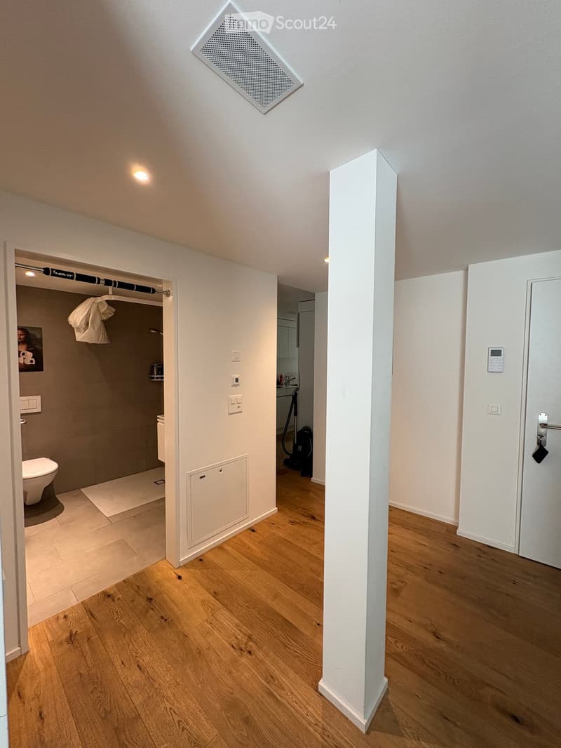 Bright hallway with wooden flooring, white walls, and a small bathroom visible to the left. The bathroom includes a toilet, shower, and a clothes rack with a white garment hanging. A vacuum cleaner is visible in the adjacent room.