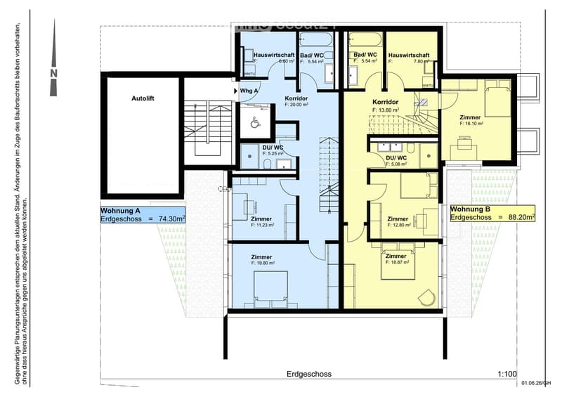 Floor plan of a building showing two apartments (Wohnung A and Wohnung B) on the ground floor, each with multiple rooms, bathrooms, and corridors. Includes an autolift and detailed room dimensions.