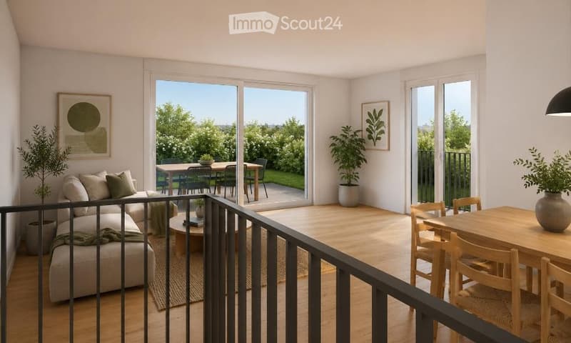 Modern open-plan living and dining area with large sliding glass doors leading to a balcony, featuring a grey sectional sofa, coffee table, dining table with chairs, and potted plants.