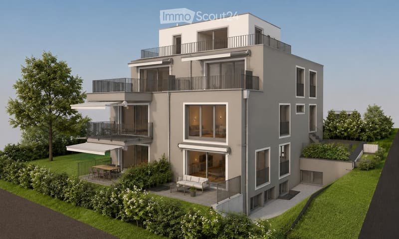 Modern3-story house with grey facade, multiple balconies, large windows, and a landscaped garden area with outdoor seating.