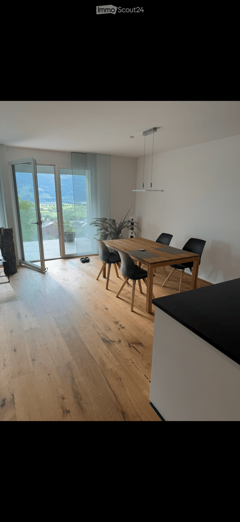 Modern dining area with wooden floor, large glass sliding doors leading to a patio, a wooden dining table with four chairs, a potted plant, and a speaker system.