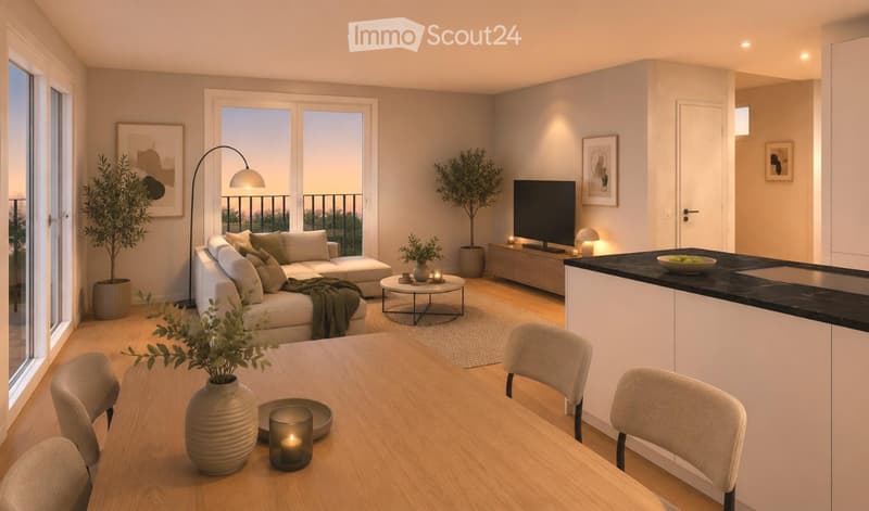 Modern, open-concept living and dining area with a white sofa, coffee table, dining table with chairs, and a kitchen island. Features large windows with a balcony view, floor lamp, and decorative plants.