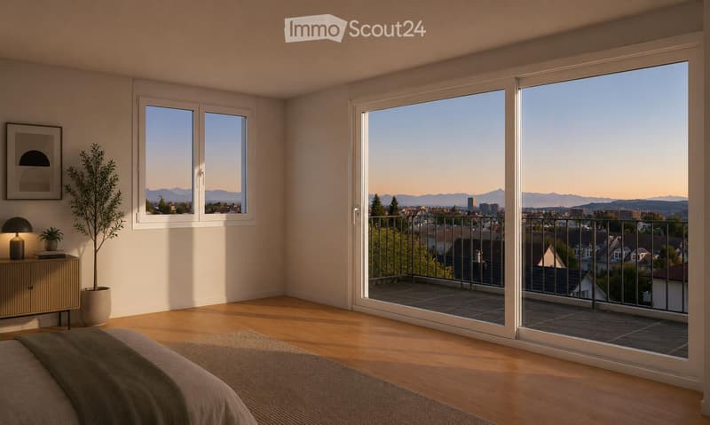 Bright bedroom with wooden flooring, large windows, and a sliding glass door leading to a balcony with a cityscape view.