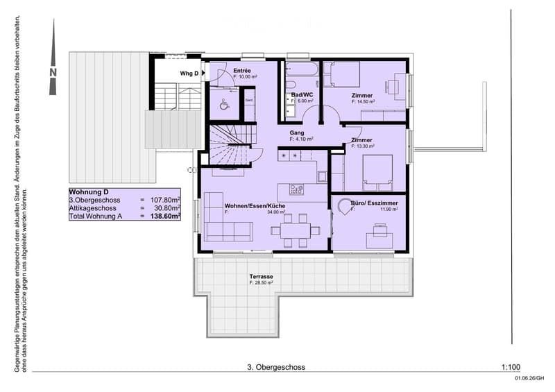 Floor plan of a 3rd-floor apartment with107.80 m² living space, 30.80 m² attic, and 28.50 m² terrace. Layout includes entrance, living/dining/kitchen area, two bedrooms, bathroom/WC, hallway, and terrace.