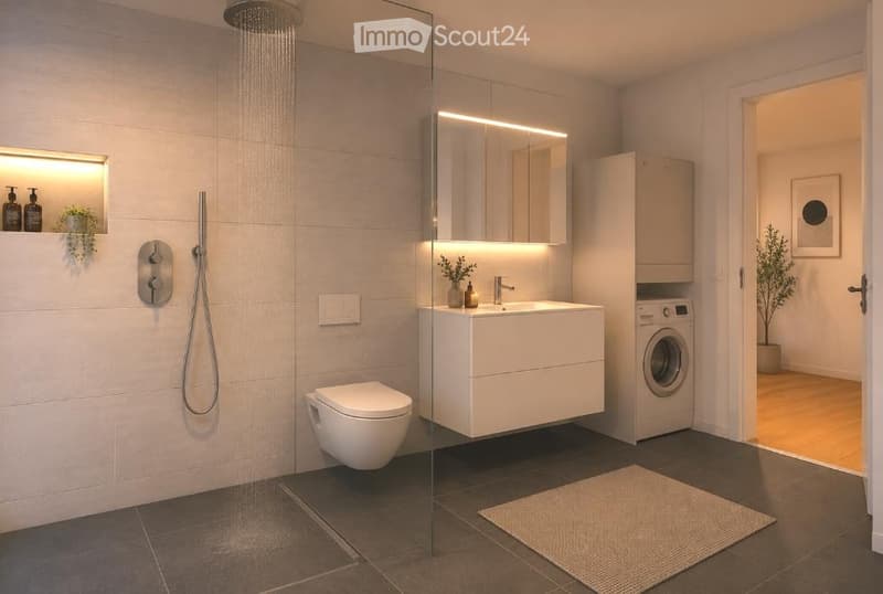 Modern bathroom with a glass-enclosed shower, toilet, sink with mirror, and a washing machine in the adjacent room.