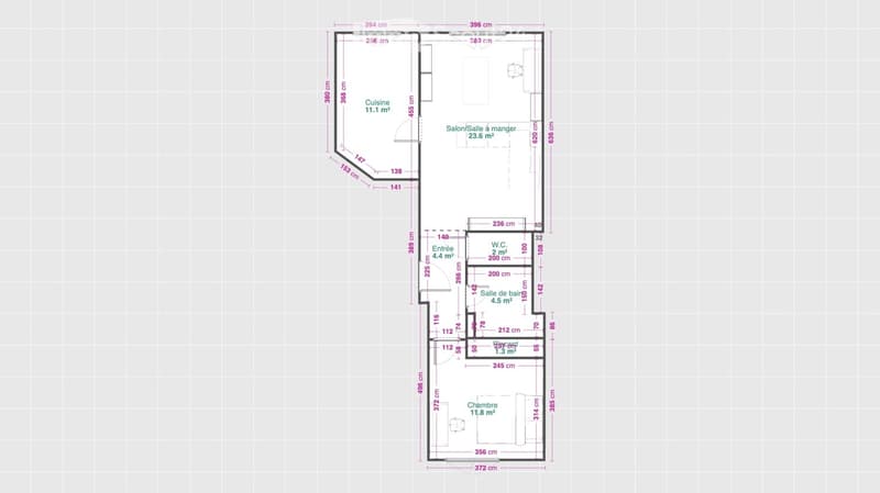 Floor plan of a 4-room apartment including a kitchen, living/dining area, bathroom, hallway, and bedroom.
