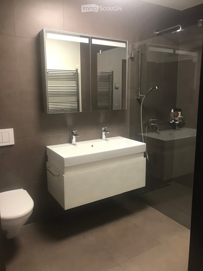 Modern bathroom with a double sink, large mirror, toilet, and glass-enclosed shower area.
