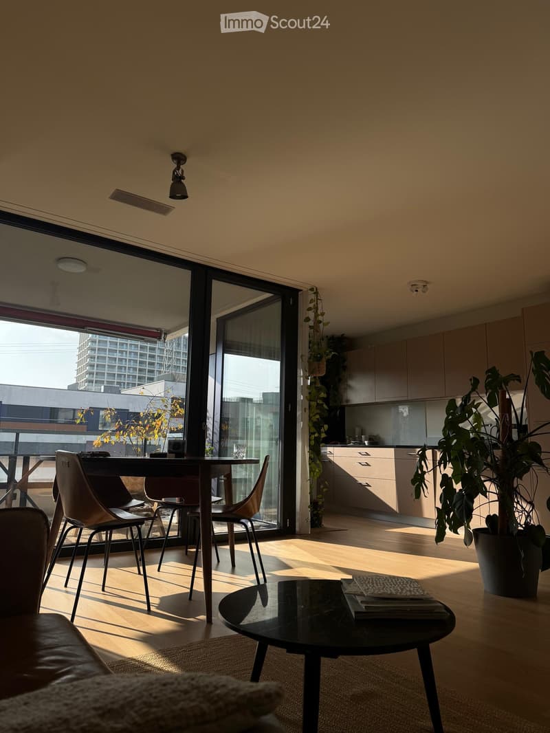 Bright living and dining area with a sofa, coffee table, dining table, chairs, and kitchen area visible through an open sliding glass door.