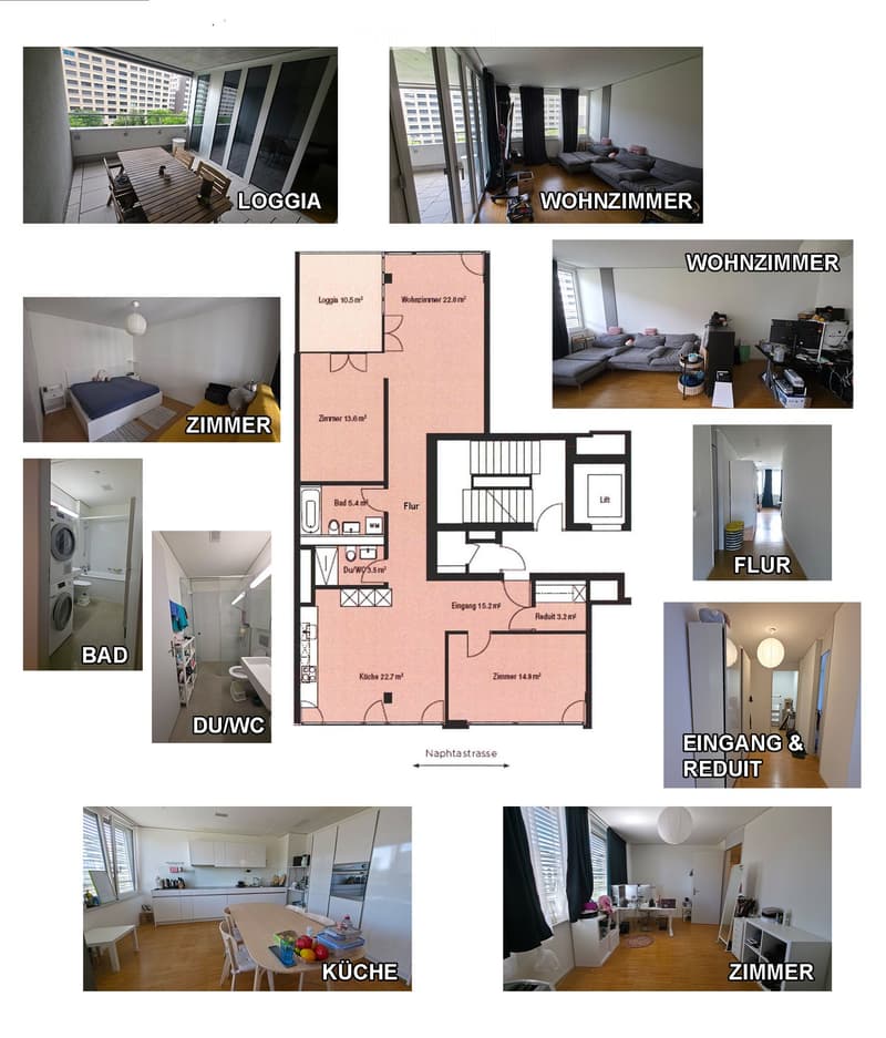 Floor plan and photos of a modern apartment including a living room, kitchen, bedroom, bathroom, hallway, and loggia. Photos show furniture, appliances, and decor in each room.