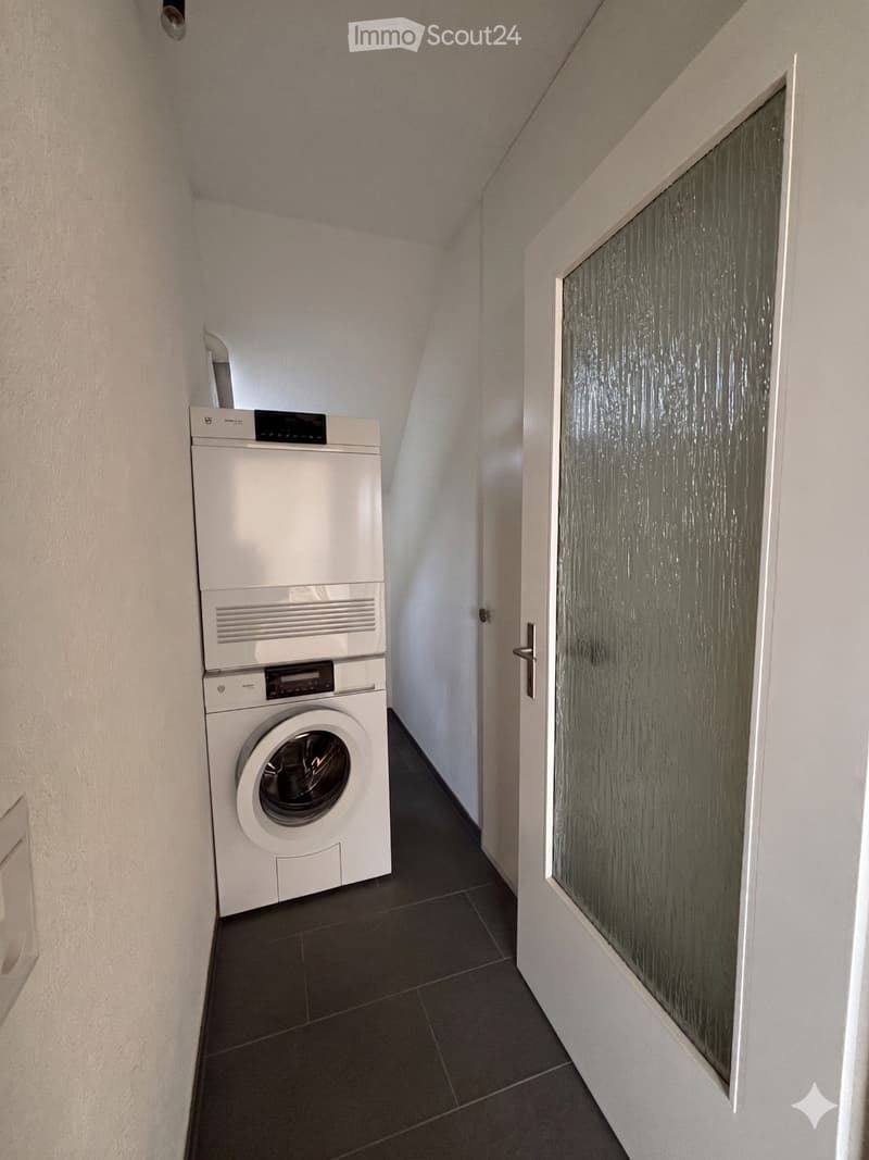 Narrow hallway with a private washing machine and dryer unit against the wall, leading to a frosted glass door.