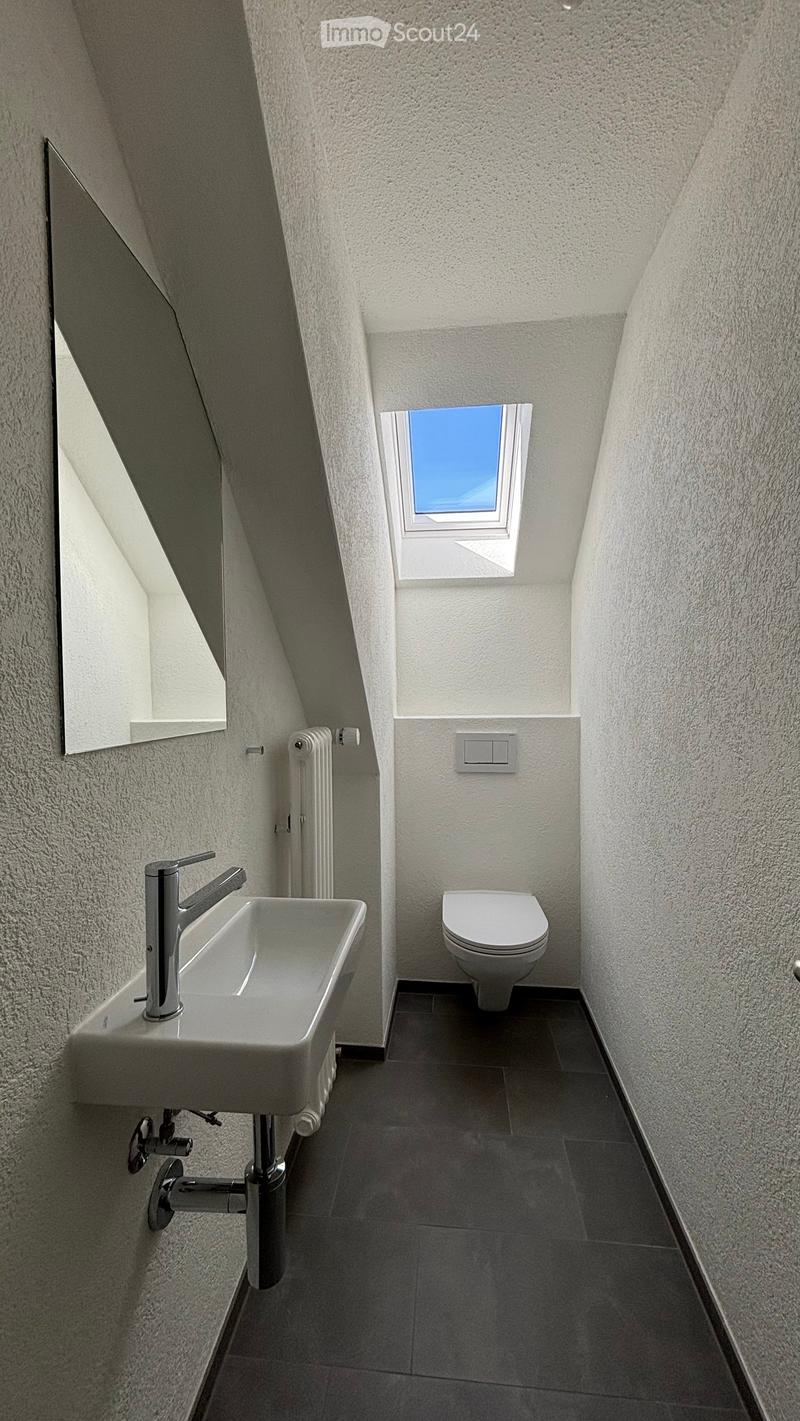 Modern bathroom with a white sink, chrome faucet, toilet, radiator, and a large mirror. The room features textured walls and a skylight window.