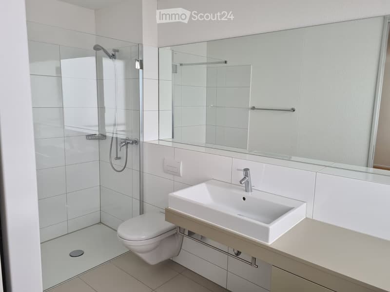 Modern bathroom with white tiles, a glass-enclosed shower, a toilet, a sink with a modern faucet, and a large mirror above the sink.
