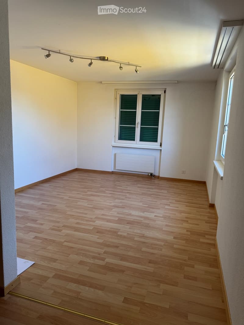 Empty room with wooden flooring, white walls, and a window with shutters. A radiator is visible below the window, and a track light fixture is mounted on the ceiling.