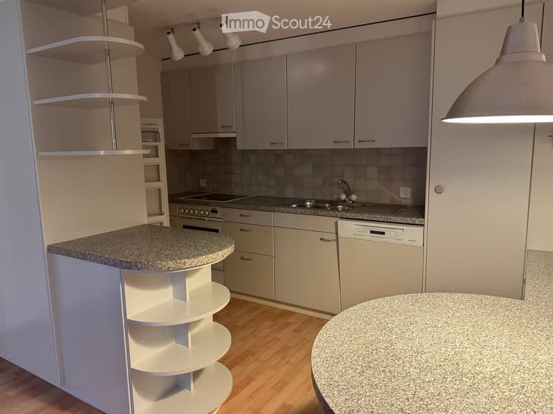 Modern kitchen with light grey cabinets, granite countertops, built-in oven, sink, dishwasher, and pendant lighting.