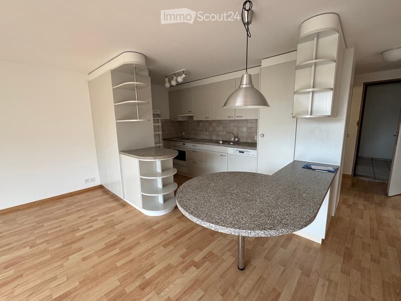 Modern kitchen with white cabinets, granite island, pendant light, and built-in appliances.