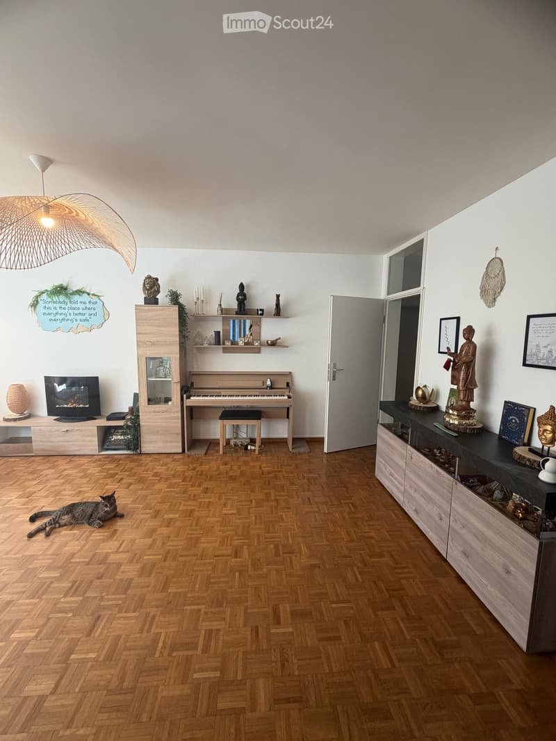 Spacious living room with herringbone wooden flooring, a fireplace, a piano, decorative statues, and a cat resting on the floor.