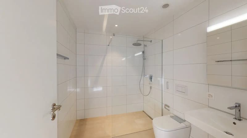 Modern bathroom with white tiles, a glass-enclosed shower, a toilet, a sink, and a mirror.