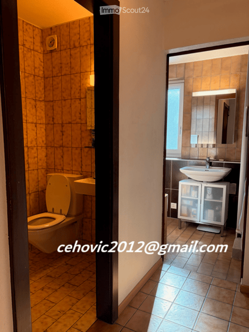 Bathroom with a toilet, sink, mirror, and cabinet. The walls are tiled in a warm, earthy tone, and the floor is tiled in a matching color.