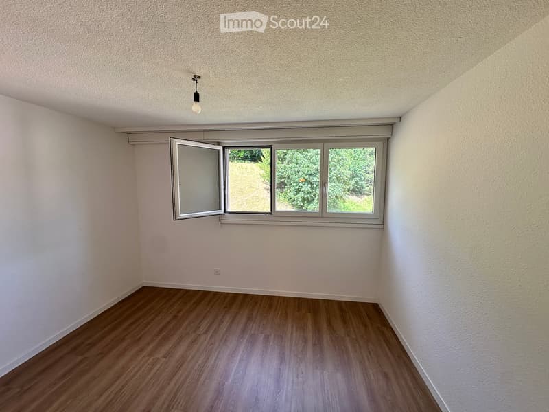 Empty room with light-colored walls, wooden flooring, and a large window with multiple panes, allowing natural light to enter.