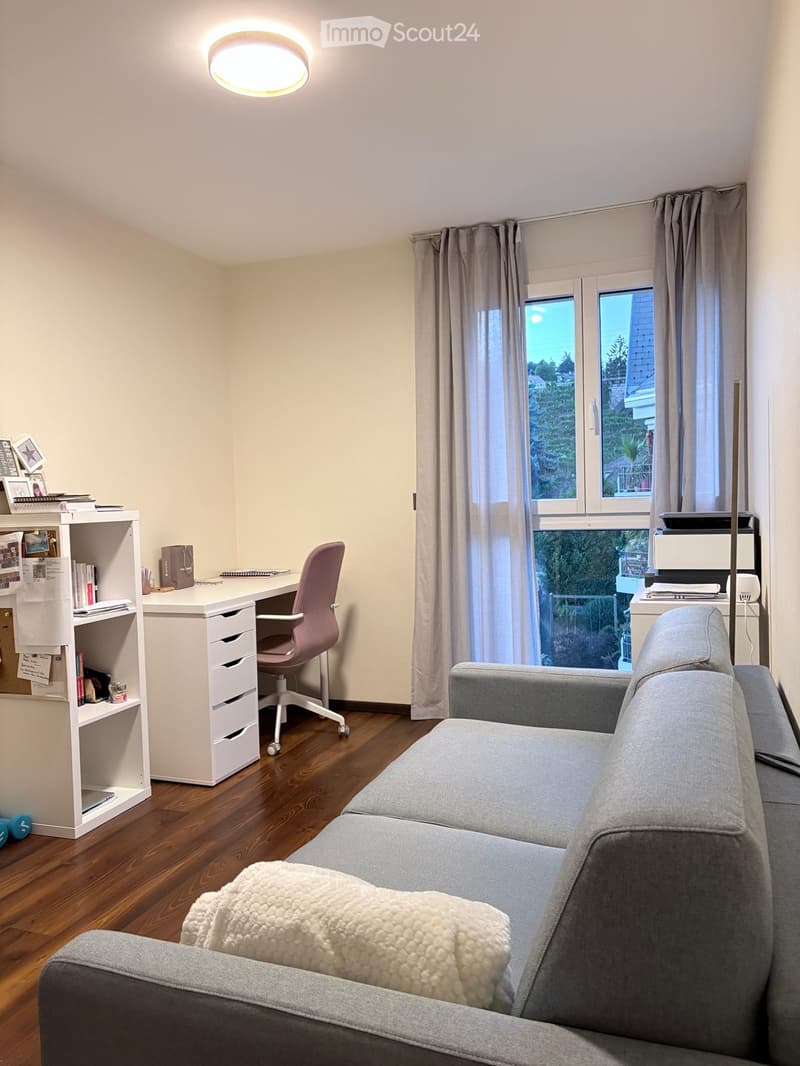 A modern living room with a grey sofa, a white desk, a pink chair, and a bookshelf. The room features wooden flooring, large windows with curtains, and a round ceiling light.