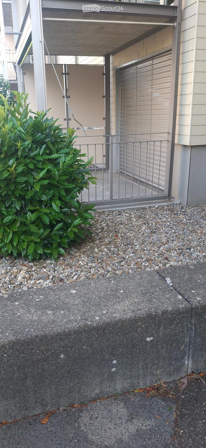 A small outdoor area with a concrete staircase leading up to a covered entrance. The area is bordered by a metal railing and has a small patch of gravel and a green bush on one side.