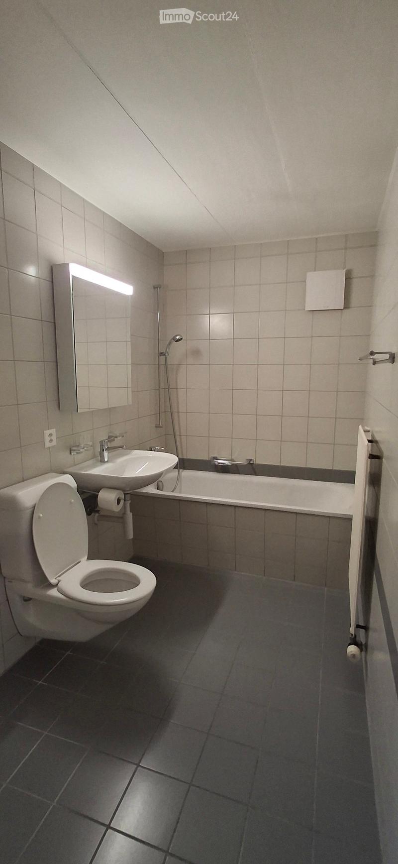 Modern bathroom with dark tiled floor, white tiled walls, a toilet, a sink, a bathtub, a mirror with built-in lighting, and a showerhead.