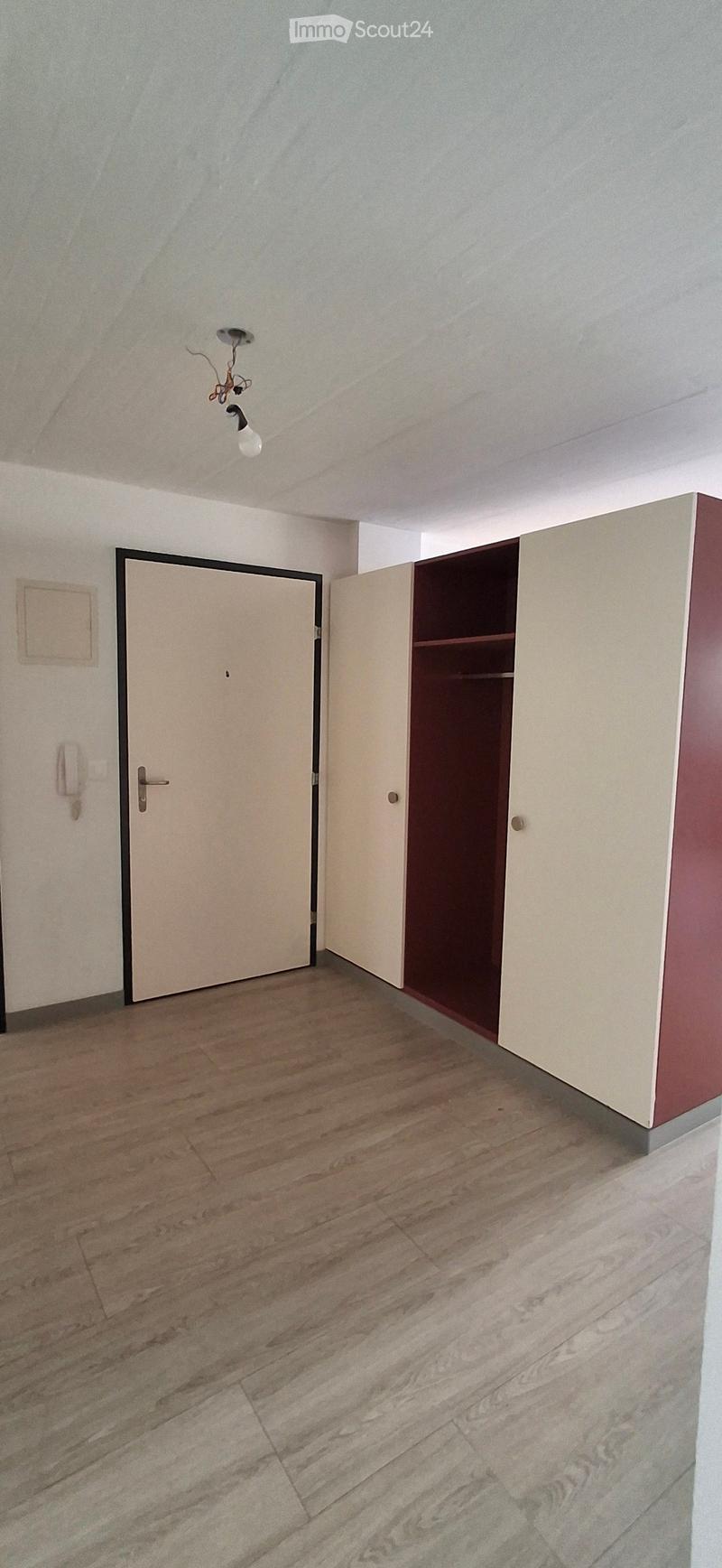 Empty room with wooden flooring, white walls, a closed door, and a built-in closet with shelves.