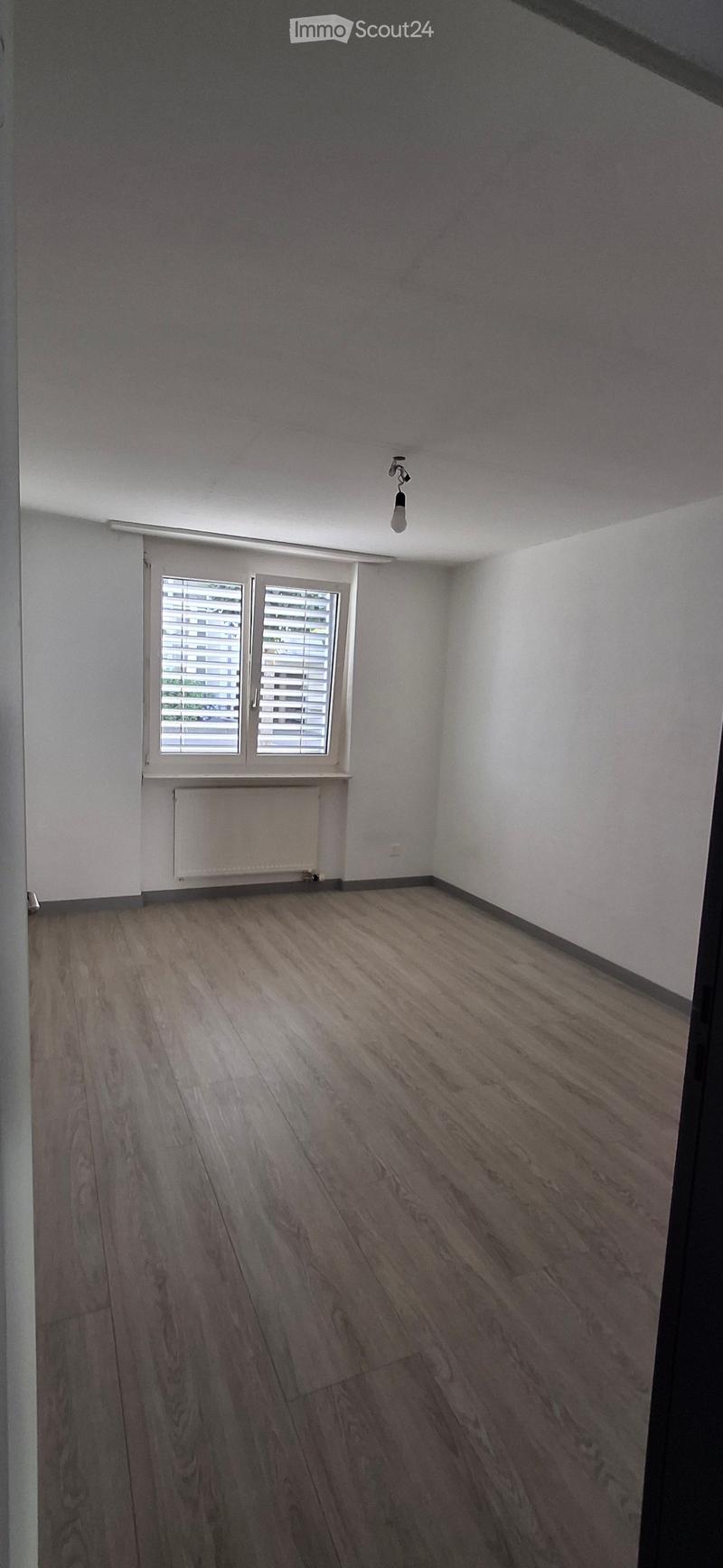Empty room with wooden flooring, white walls, and a window with blinds. A radiator is visible below the window, and a ceiling light fixture is present.