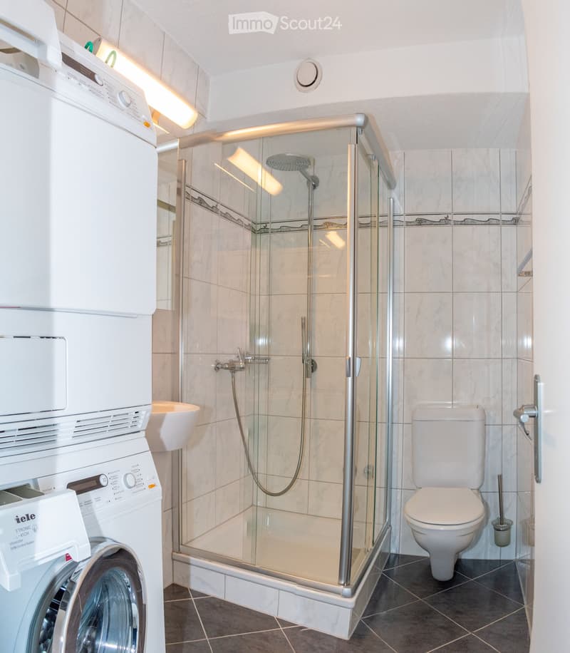 Bathroom with shower, toilet, sink, washing machine, and dishwasher.