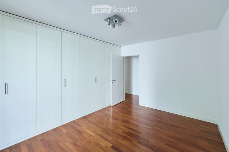 Empty room with white walls, wooden floor, built-in white wardrobes, and a ceiling light fixture.