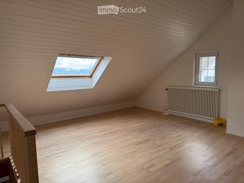 Empty attic room with wooden flooring, slanted wooden ceiling, skylight window, and radiator.