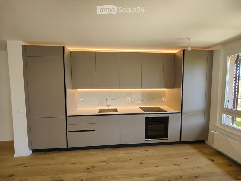 Modern kitchen with light grey cabinets, a marble backsplash, a sink, a faucet, and an oven. The floor is made of light wooden planks.