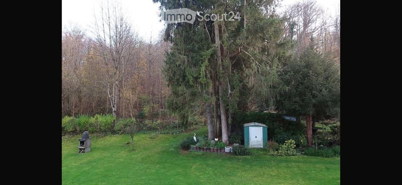 Well-maintained garden with a lawn, trees, a small shed, and a bird statue.