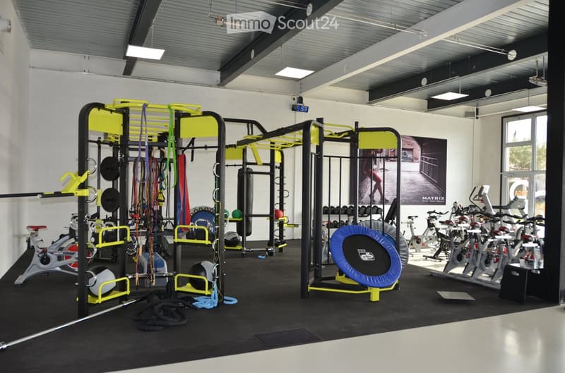 Modern gym with various fitness equipment including weight racks, treadmills, elliptical machines, resistance bands, a boxing bag, dumbbells, and a fitness mat.