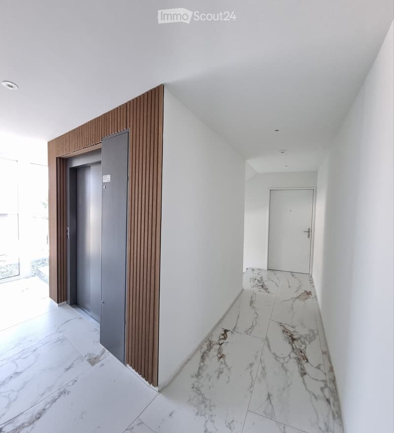 Modern hallway with white walls, marble flooring, and recessed lighting. Features a wooden panel accent wall and a closed elevator door on the left.