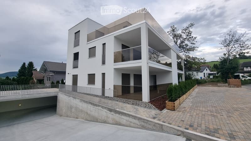 Modern two-story house with white exterior, large windows, balconies, and a raised ground floor with a covered parking area.