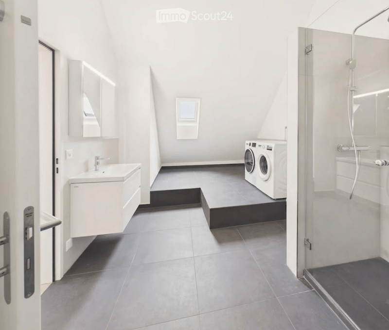 Modern bathroom with a white sink, mirror, washing machine, and a glass-enclosed shower area.