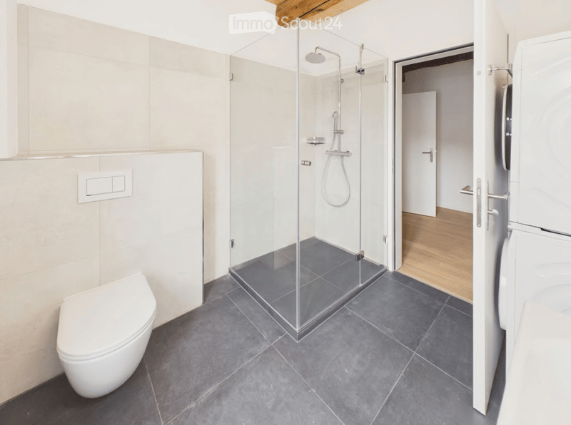 Modern bathroom with a glass-enclosed shower, toilet, and sleek grey tiles on the floor.
