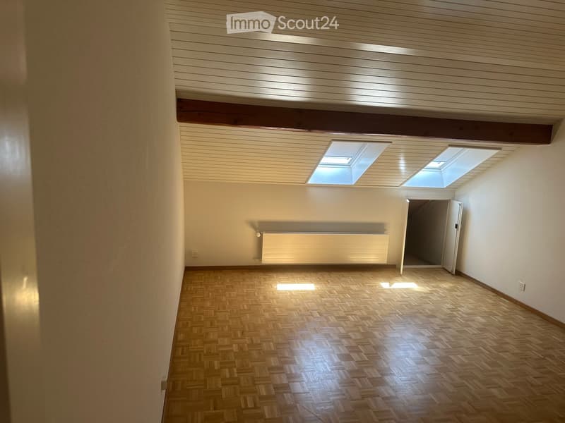 Empty room with wooden herringbone flooring, white walls, and two skylights in the ceiling. A radiator is mounted on one wall, and a doorway leads to another space.