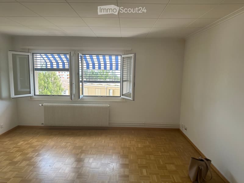 Empty room with wooden flooring, white walls, large windows with blinds, and a radiator below the windows.