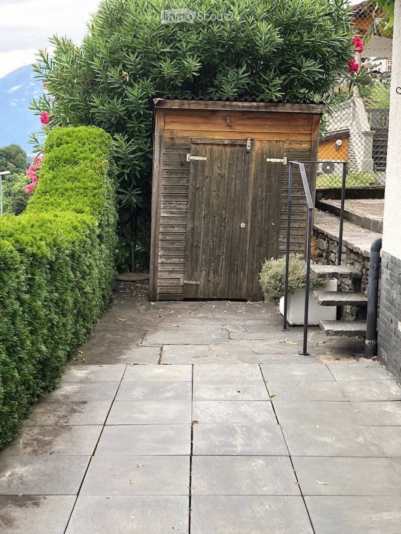 stone pathway, wooden shed with double doors, green shrubbery, staircase leading to higher ground, potted plant